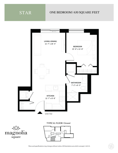 Floor plan for 1 bed, 1 bath, 630 sqft